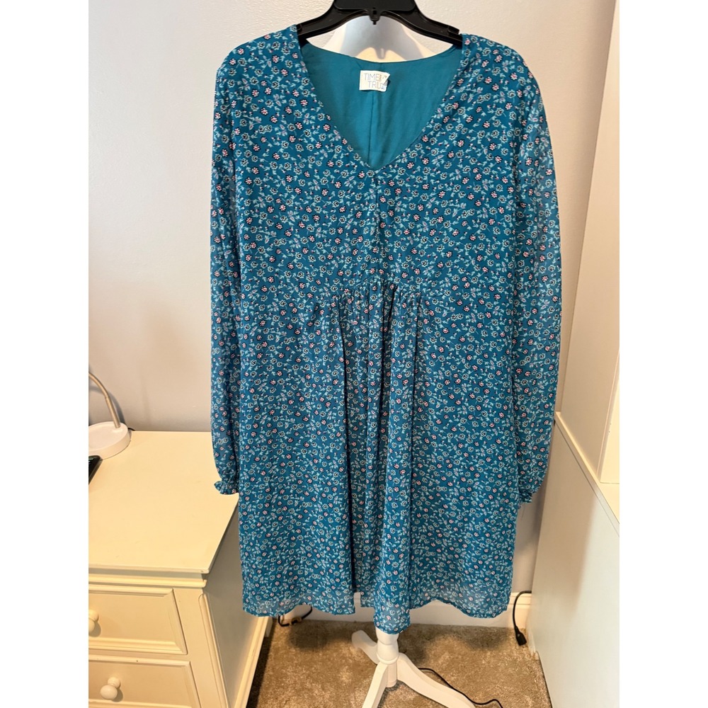 Time and Tru Teal Blue Floral Ditsy V-Neck Babydoll Dress XL 16-18 Long Sleeve